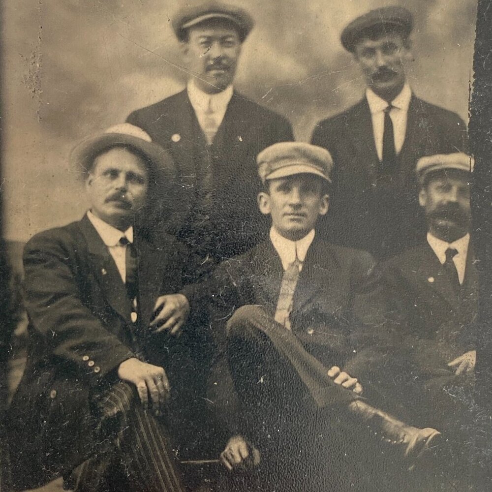 1800s Ferro Tintype Handsome 5 Men Panama and Poor Boy Hats Studio Portrait